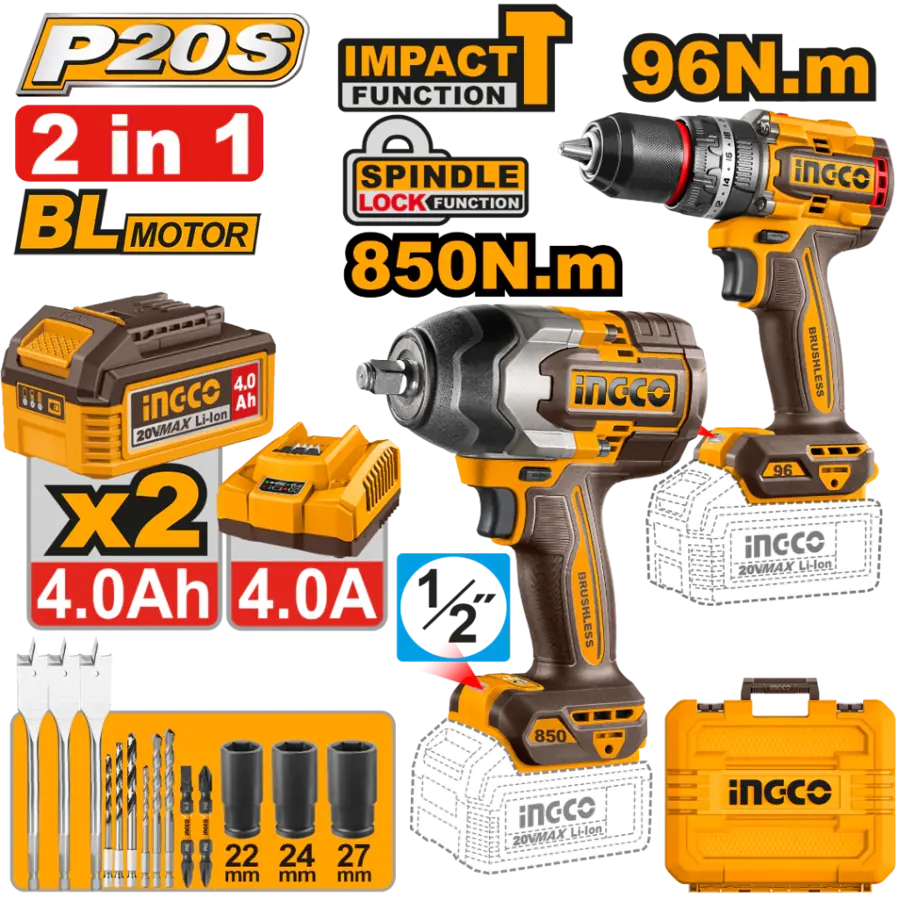 Kit 2 en 1 Ingco - Llave de impacto de 850 nm + Taladro 96 nm