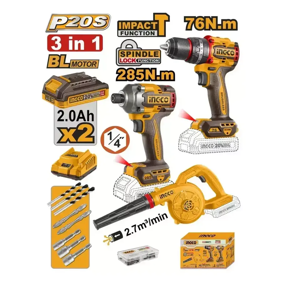 Kit 3 en 1 Ingco - Taladro + llave de impacto + sopladora