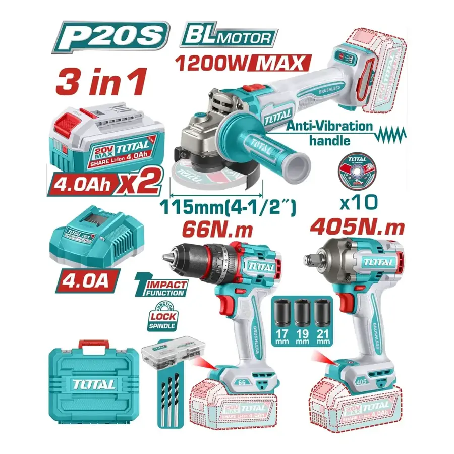 Kit 3 en 1 Total – Llave de impacto 405 nm + Taladro 66 nm + Amoladora 1200w