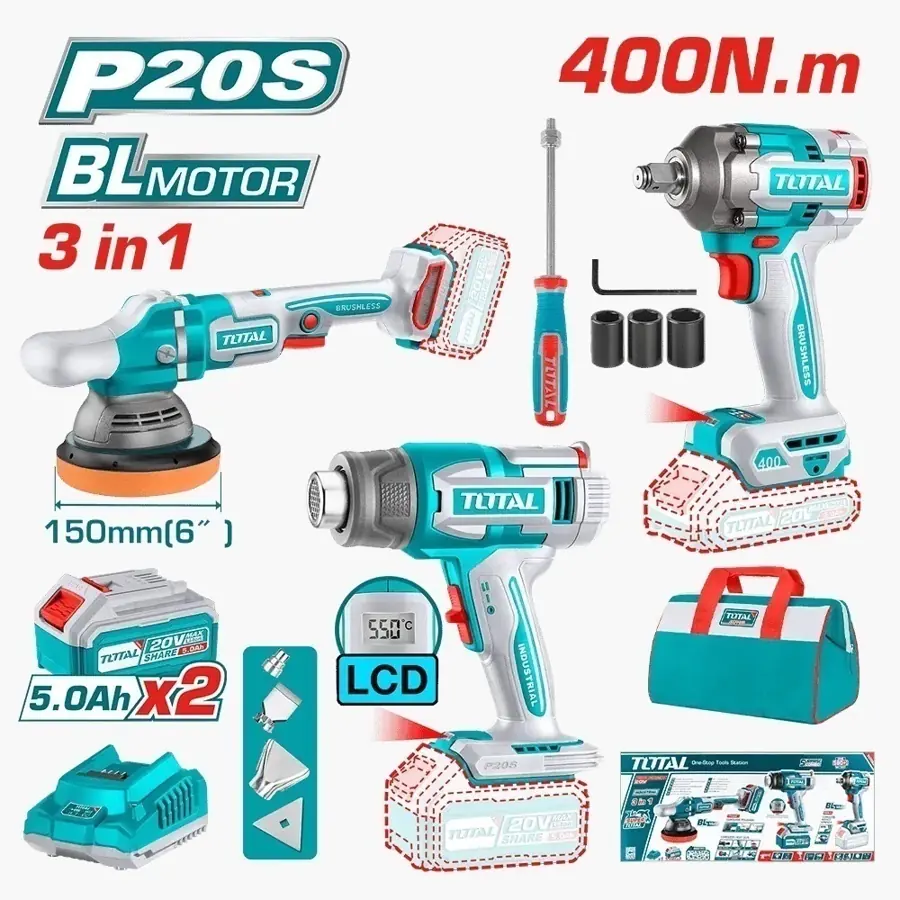 Kit 3 en 1 Total - Pulidora + Llave de impacto + Pistola de calor