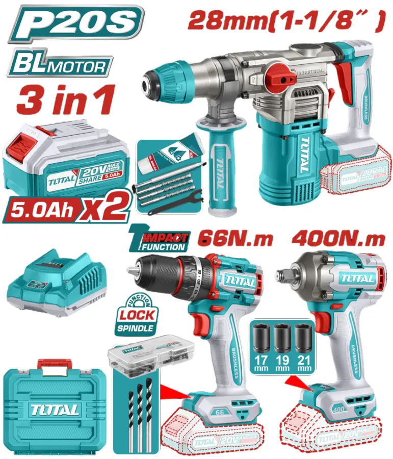 Kit 3 en 1 Total - Rotomartillo 28mm + Llave de impacto 400nm + Taladro 66 nm