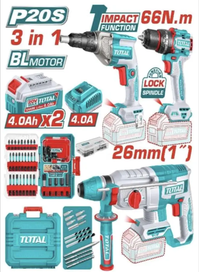 Kit 3 en 1 Total - Taladro + Rotomartillo + Taladro Durlock