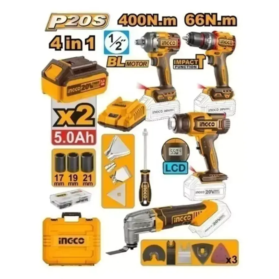 Kit 4 en 1 Ingco - Taladro + Pistola de calor + Llave de impacto + Multiherramienta