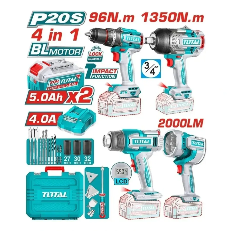 Kit 4 en 1 - Llave de impacto 1350nm + Taladro 96nm + Pistola de Calor + Linterna 2000