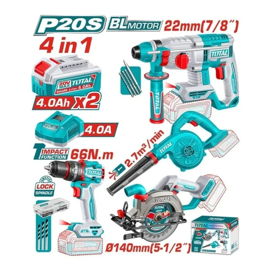 Kit 4 en 1 Total - Rotomartillo 22mm + Sopladora + Taladro 66nm + Sierra circular