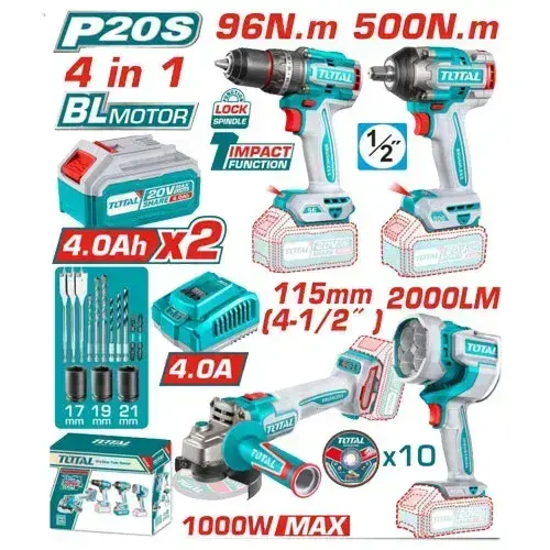 Kit 4 en 1 Total - Taladro 96 nm + Llave de impacto de 500 nm + Amoladora 1000w + Linterna 2000l
