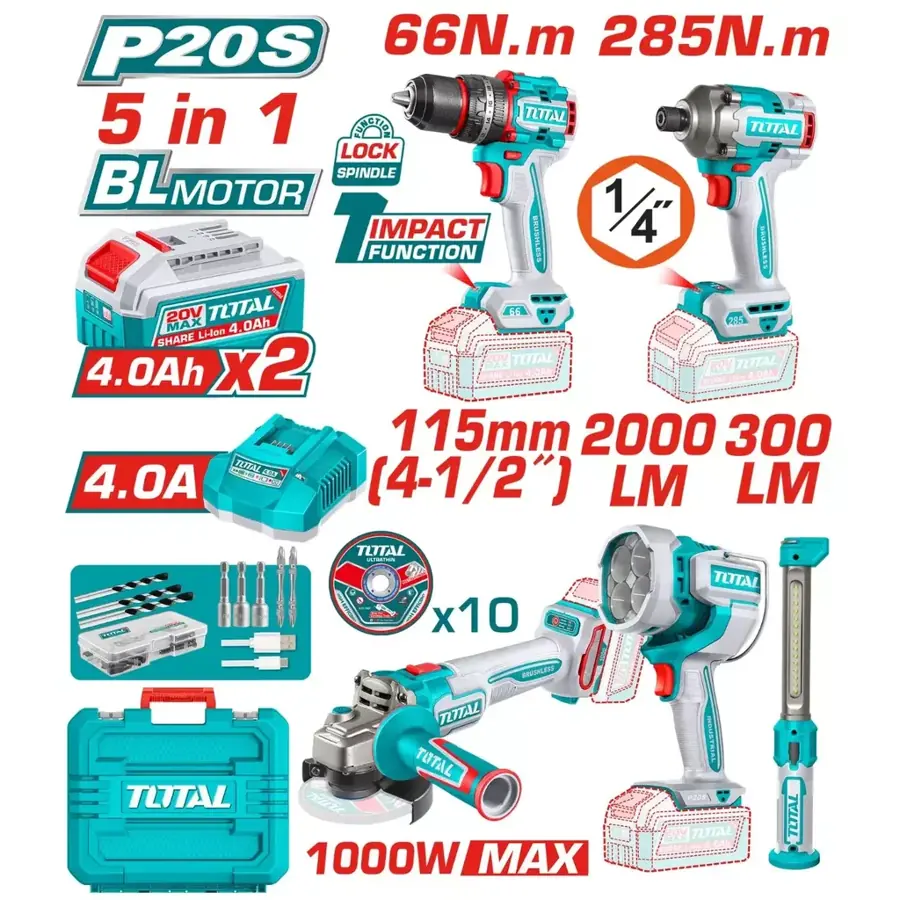 Kit 5 en 1 Total - Taladro + Amoladora + Llave impacto + Linterna + Lampara
