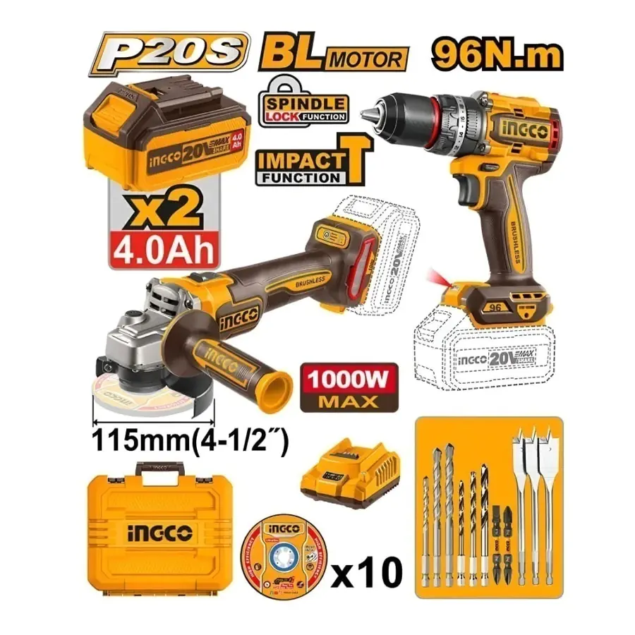 Kit Ingco 2 en 1 - Taladro 96nm + Amoladora 1000 wats