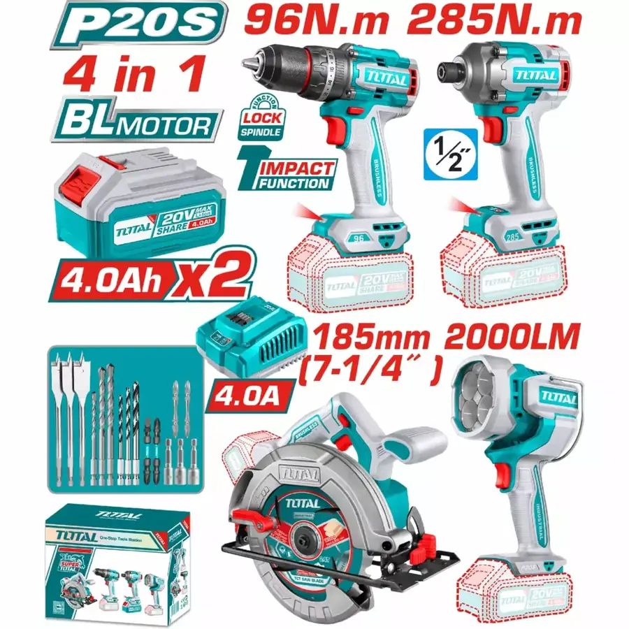 Kit Total 4 en 1 - Sierra circular + Llave de impacto + Taladro + Linterna