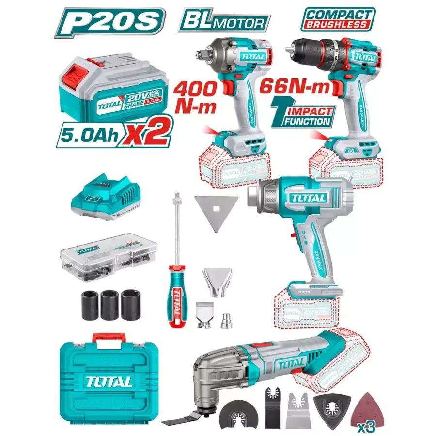 Kit Total 4 en 1 - Taladro + Pistola de calor + Llave de impacto + Multiherramienta