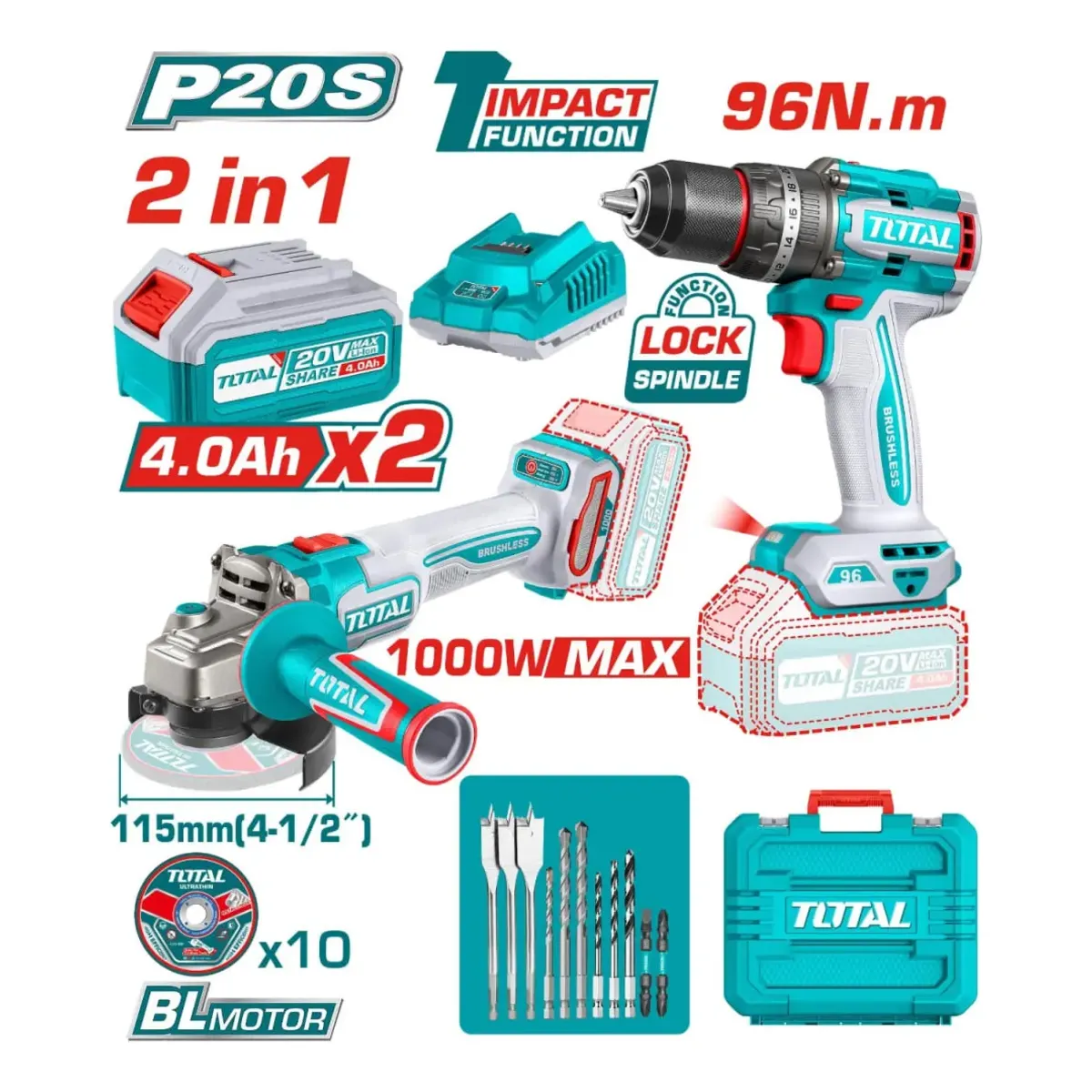 Kit 2 en 1 Total - Taladro 96 nm + Amoladora 1000w
